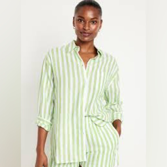 Linen-Blend Striped Boyfriend Shirt NWT XXL TALL lime green and white Old Navy - Picture 4 of 5